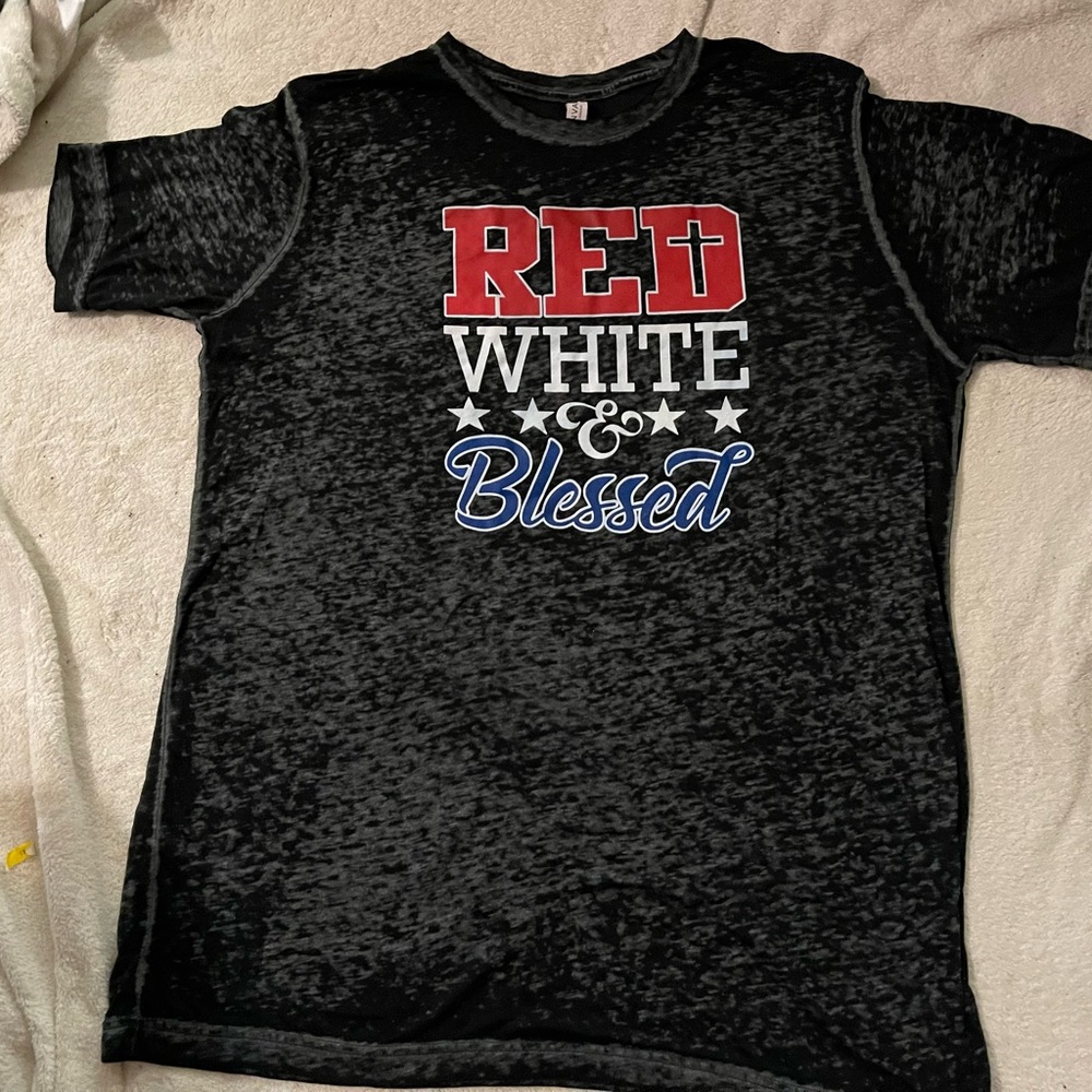 Red , white and blessed woman’s shirt size L .